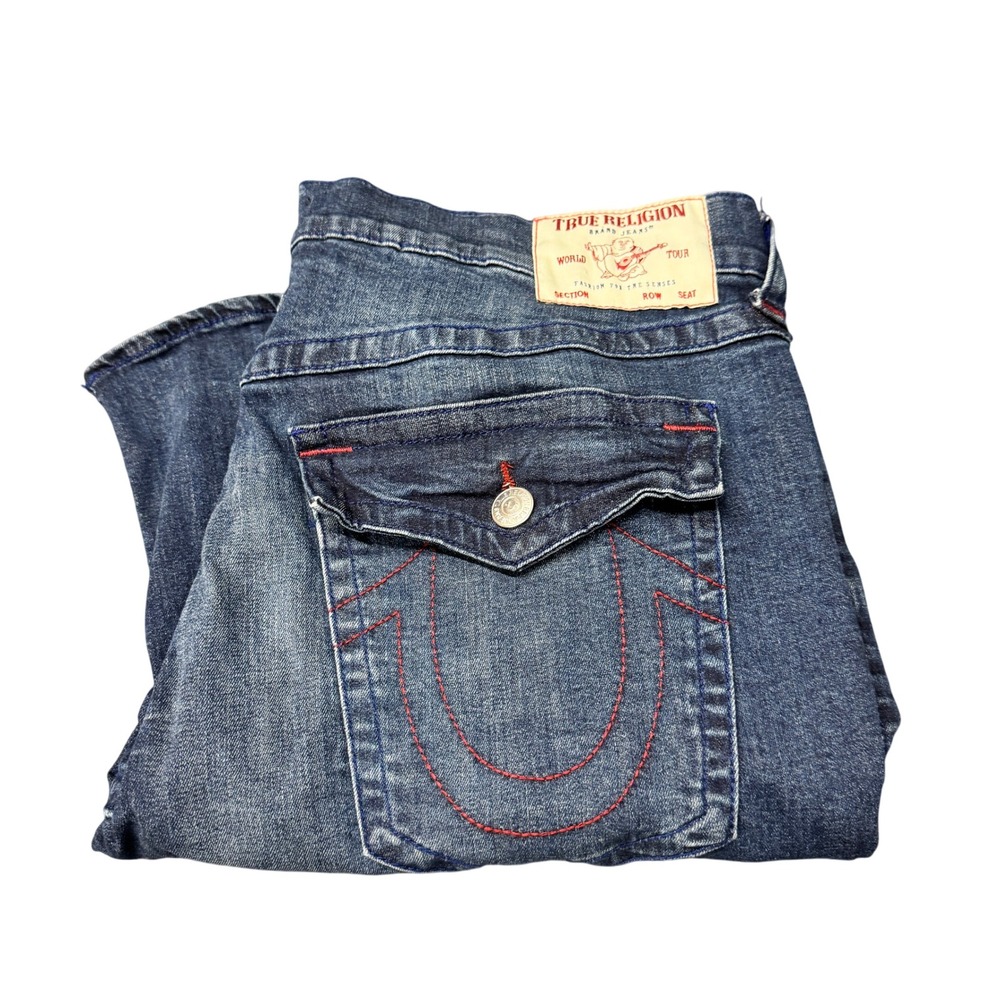 True Religion Jeans Mens 40 (40x34 ACTUAL) Ricky Flap Straight Blue Denim